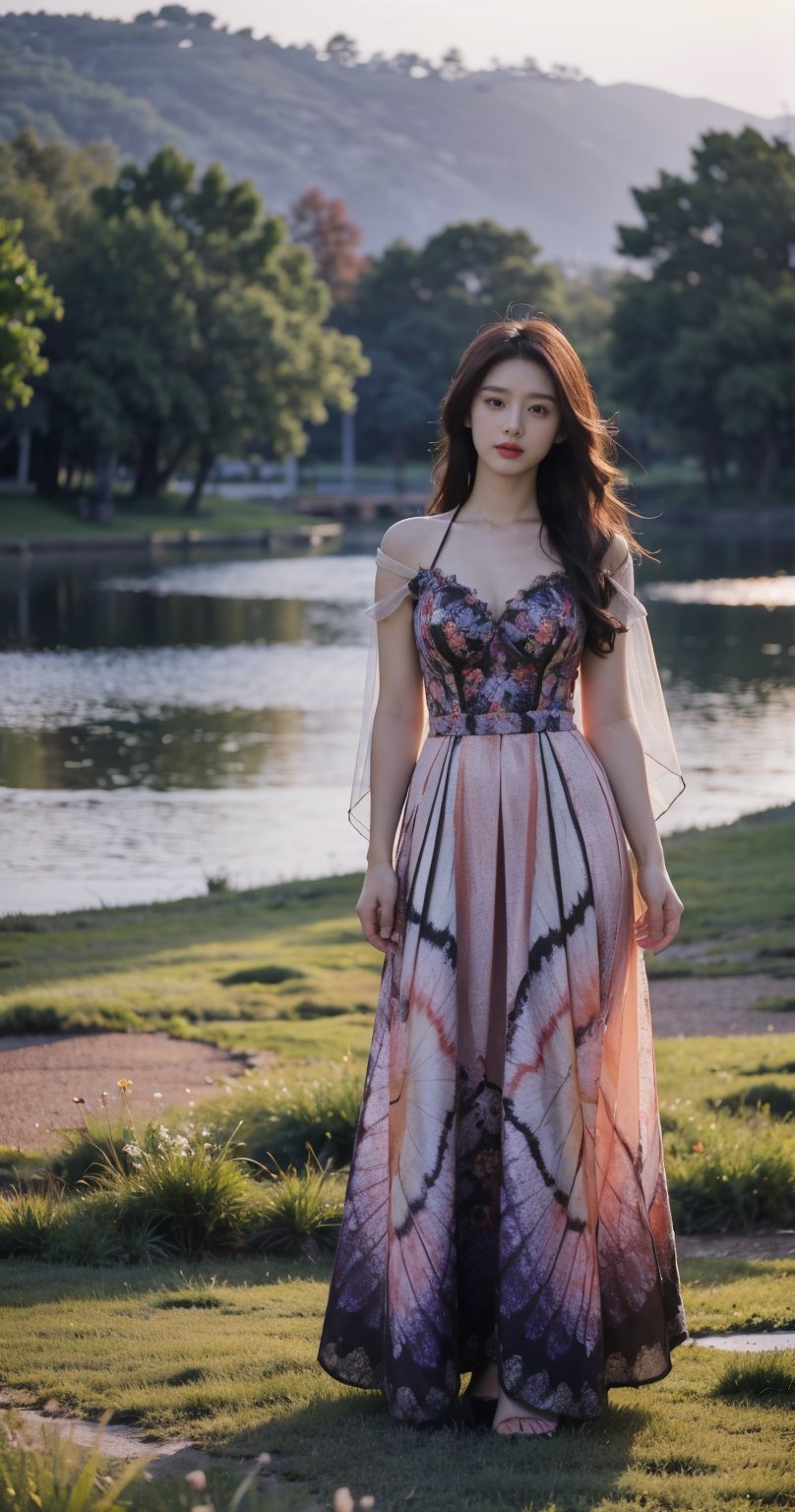 Standing in the middle of a meadow, a girl is illuminated by the warm glow of the setting sun behind her. The sky is painted with vibrant hues of orange, pink, and purple, casting a magical light over the scene. The sunlight creates a striking silhouette around her figure, making her the focal point of the landscape. Her hair catches the light, creating a halo-like effect, and her presence exudes a serene and ethereal beauty against the backdrop of the tranquil, fading day.upper body, portrait ,cleavage ,butterfly dress,looking_at_viewer,round breasts ,khoai 16