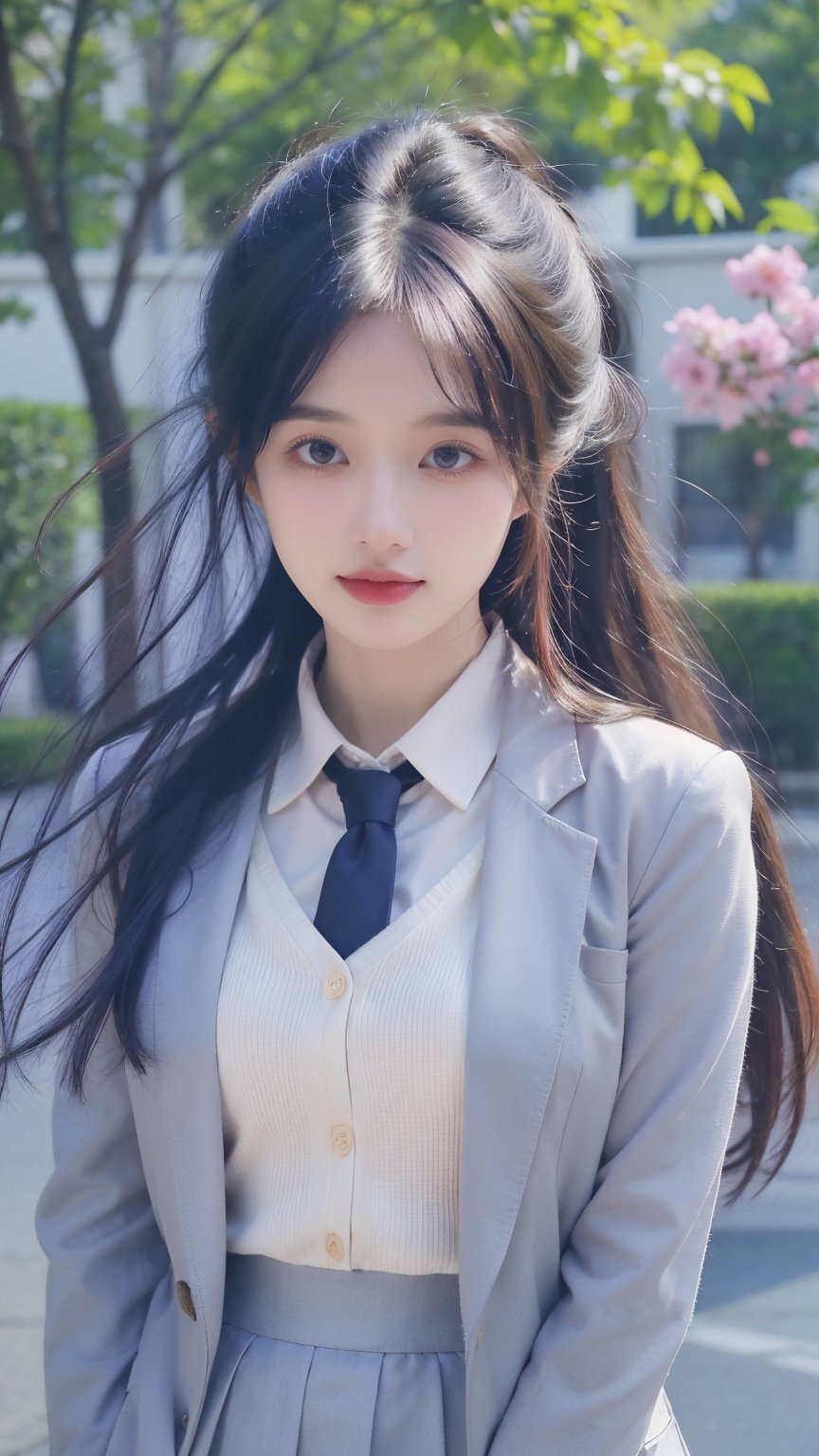 In the picture, a Korean schoolgirl is standing in a campus filled with flowers. She is wearing the traditional Korean high school uniform. The uniform includes a white blouse with a black or dark blue tie. Over the blouse, she is wearing a black or dark blue blazer with the school logo on the left chest. The skirt is a pleated design, gray or navy blue, reaching to her knees, giving a neat and elegant look.

The schoolgirl is wearing glasses with thin frames, adding to her intelligent and gentle appearance. Her hair is long, black, and smooth, either left flowing naturally or tied back softly.

The background features a school campus with lush trees and a variety of colorful flowers. Flowers like cherry blossoms, hydrangeas, and roses are blooming, creating a beautiful and romantic setting. In the distance, school buildings, clean brick pathways, and a few stone benches scattered under the trees can be seen.

In the foreground, there is a lush green lawn dotted with small wildflowers, adding a touch of freshness and vibrancy. Gentle rays of sunlight filter through, making the scene even more radiant and warm. The girl stands out in this picturesque setting, full of life and in harmony with the beautiful nature around her.upper body, portrait, cleavage, ,khoai 16