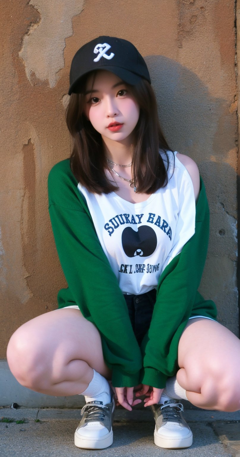 1girl, solo, breasts, brown hair, (medium breasts:1.2), sitting, hugging, full body, parted lips, front view, kelthy, wearing Oversized white button-down shirt with the sleeves rolled up, Baggy cargo pants with cuffed ankles, Graphic t-shirt peeking out from under the shirt, Baseball cap worn backwards with a bold logo and Layered necklaces with a mix of chains and pendants, Chunky sneakers with a vintage vibe, (Grunge-inspired alleyway with brick walls and graffiti art background