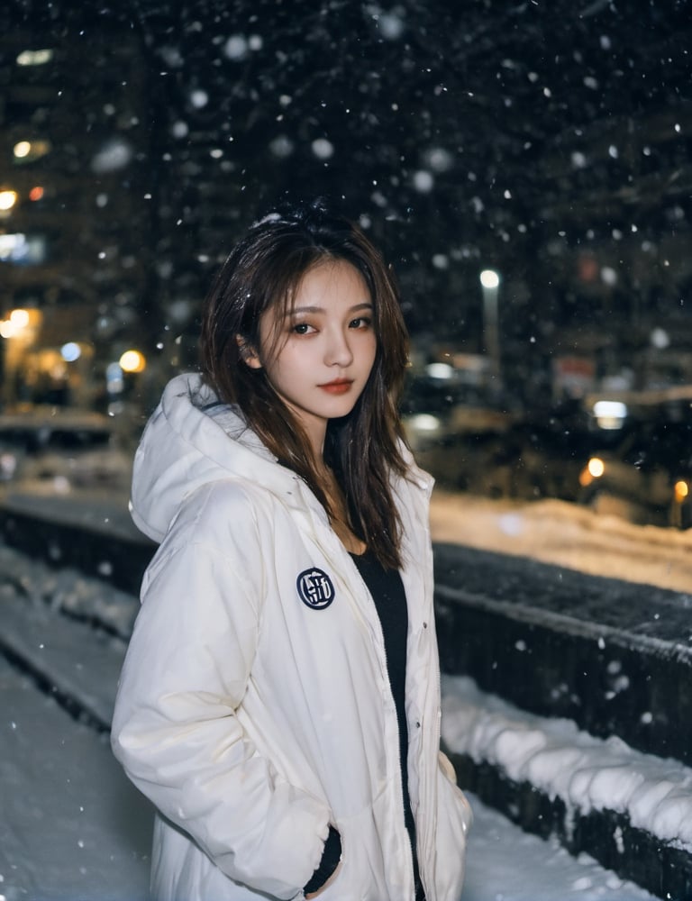 xxmixgirl, 16 year-old girl,  deep photo, depth of field, Superia 400, shadows, messy hair, full body shot, tan lines，  cotton padded jacket，white hoodie，dark, dark photo, nighttime, seductive smirk, dark street view, snowing sky，look aside，shot(from_side:1.6)，snow on hair, snow in the sky,  grainy, seductive smirk, cutegirlmix, sexy face,  full body shot, background in the city，