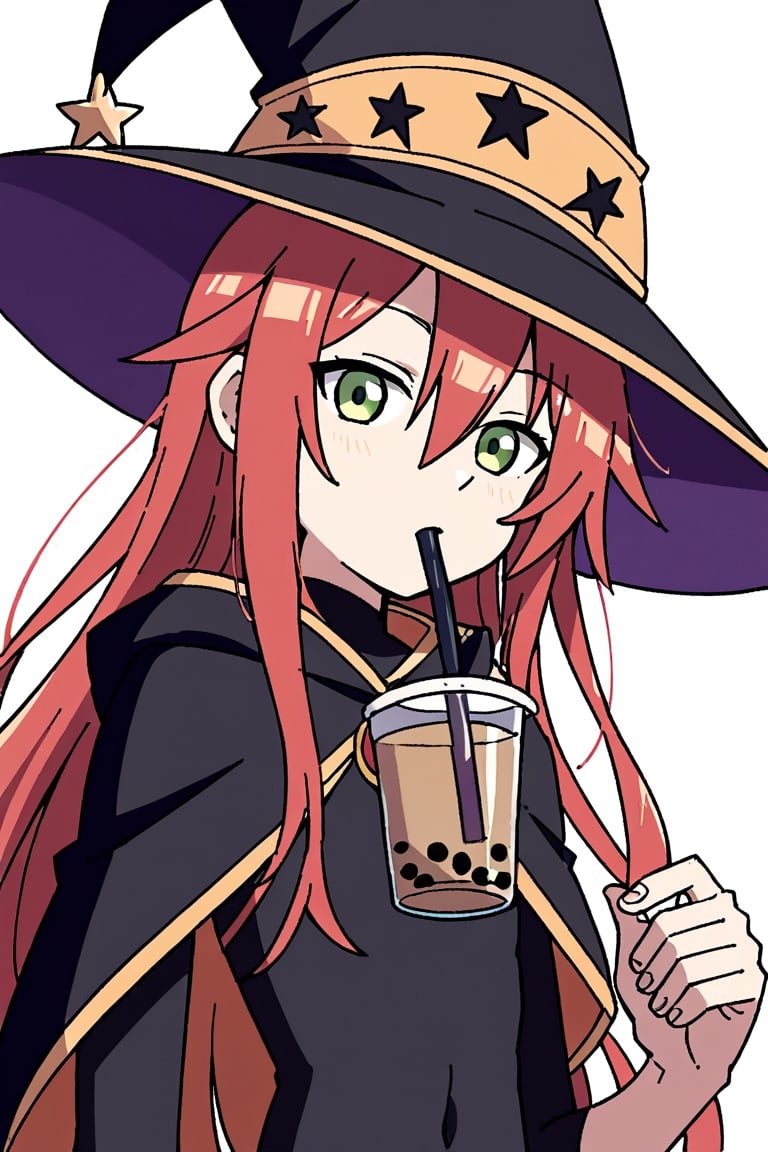 score_9, score_8_up, score_7_up, 1boy, male focus, amity blight, natsumi \(date a live\),   solo, covered navel, drinking straw in mouth, drinking straw, witch, cup, star \(symbol\), split-color hair red hair, white background, green eyes, simple background, signature, cape, bodysuit, hat, flat chest, long hair, looking at viewer, witch hat, star print, upper body, bubble tea, black bodysuit, very long hair, hair between eyes, holding wizard staff, cartoon