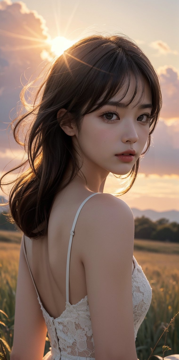 Best quality,Masterpiece,超高分辨率,Photorealistic,RAW photo,Unity 8k wallpaper, in a panoramic view, Cinematic lighting, on a grassy field, Sunset, Dappled sunlight, Golden hour lighting, back lit lighting, The background is blurred out, (Lens flare), Wind, Pastel colors, Soft light, 1girll,Short flowing hair, elegant, Upper body,