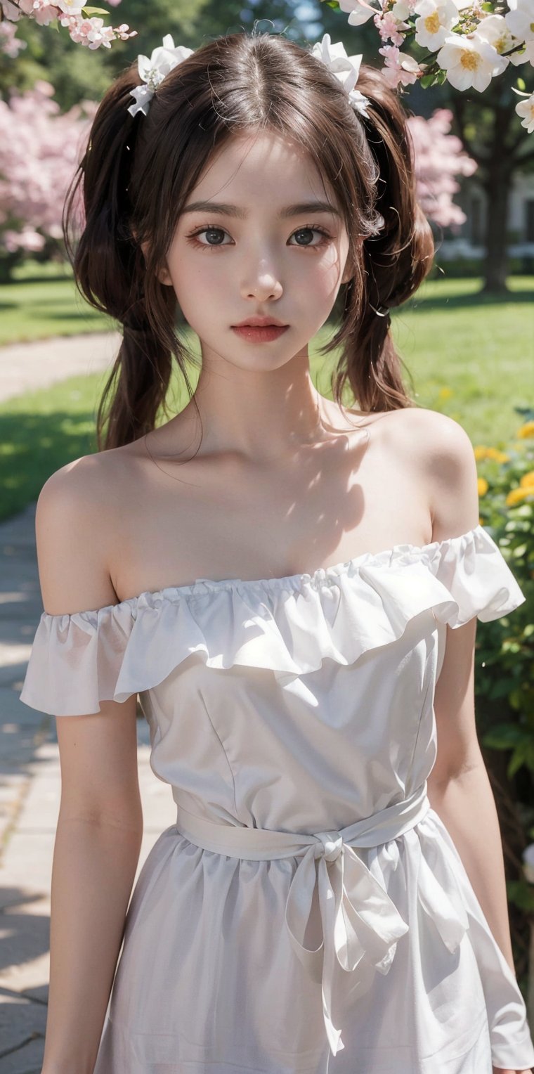 (Real))))Photos, Best Quality, 1 woman, Ultra Detailed Face, Detailed Lips, Detailed Eyes, Double Eyelids, Beautiful Face, Beautiful Eyes, (Glossy), Twintails, Thin Waist, Best Quality, Pale Skin, (Face and Eye Details:1.1) , self-righteous, blush, ((shy)), very delicate and beautiful girl, dynamic pose, cowboy shot, White Dress, Off-shoulder, Blossom flower field, glowing skin, A faint smile