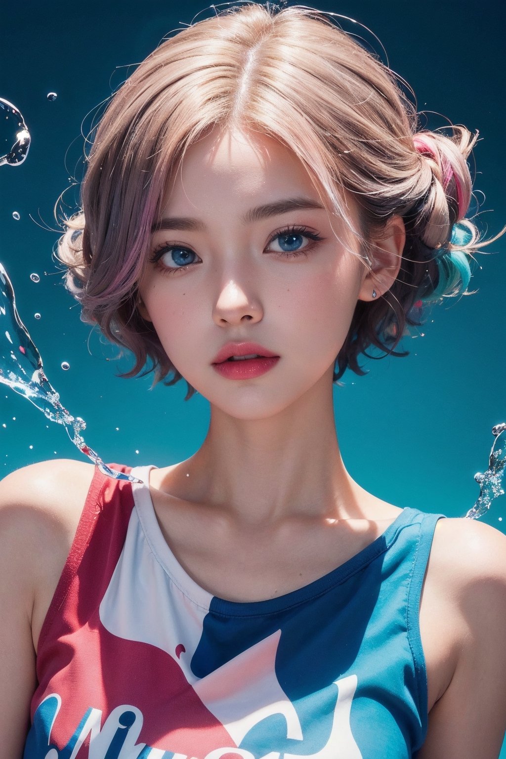 （masterpiece、best quality、high resolution）,（Colorful background,（splash of conk splatter,splash of color））,Sweet girl,light blueshort hair,short hair,[light blue|pink]hair,curls,blue eyes,flash,pink lips,（Splash color,（white shirt）,front,Whole BodyEsbian:0.6,Volumetric lighting,splash of color,Color explosion,Surrounded by colorful splashes