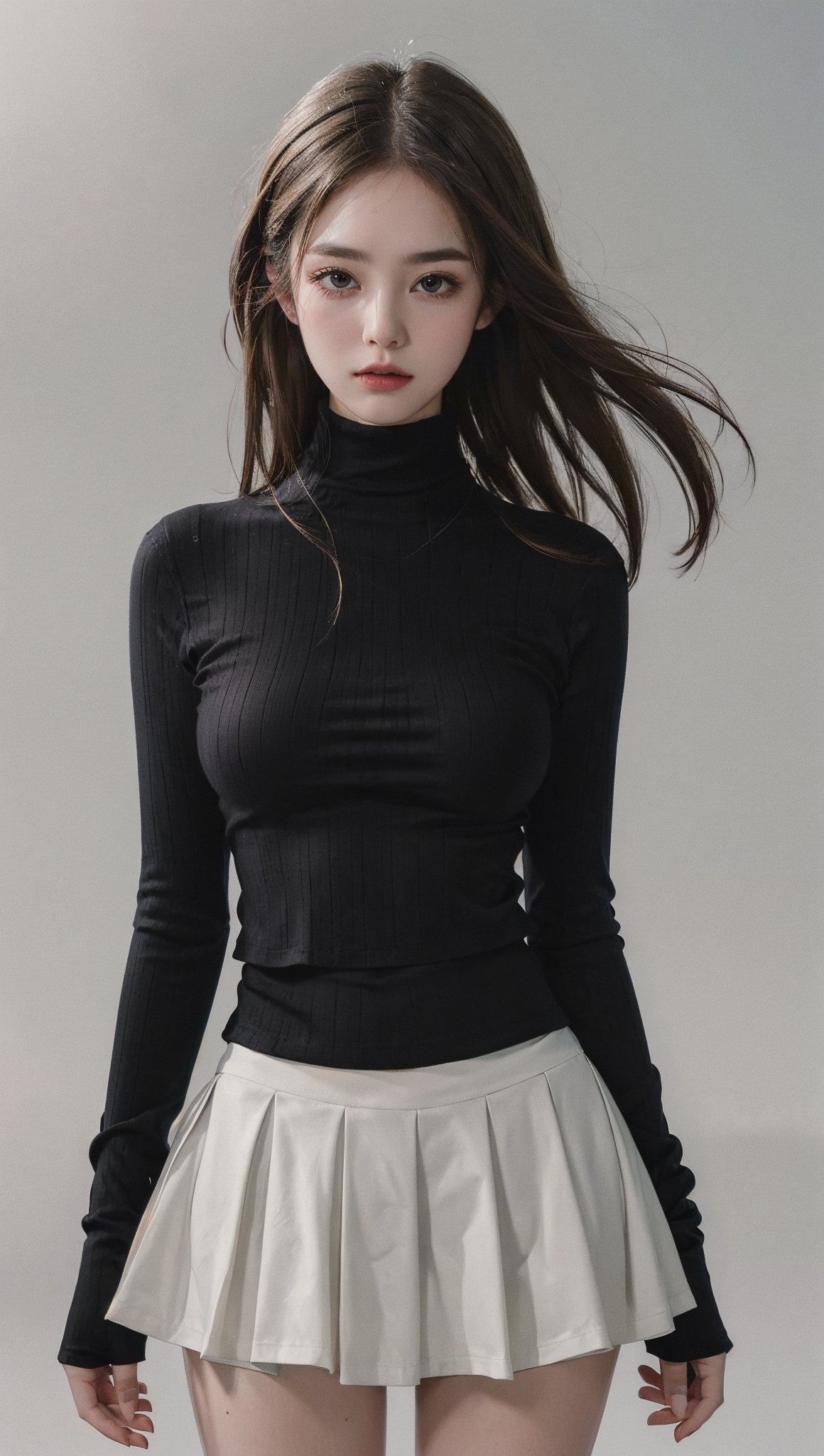 8k, best quality, masterpiece, realistic, ultra detail, photo realistic, Increase quality, look at viewer, soft expression, simple_background, gray sweeter, turtleneck, white mini skirt,fashion