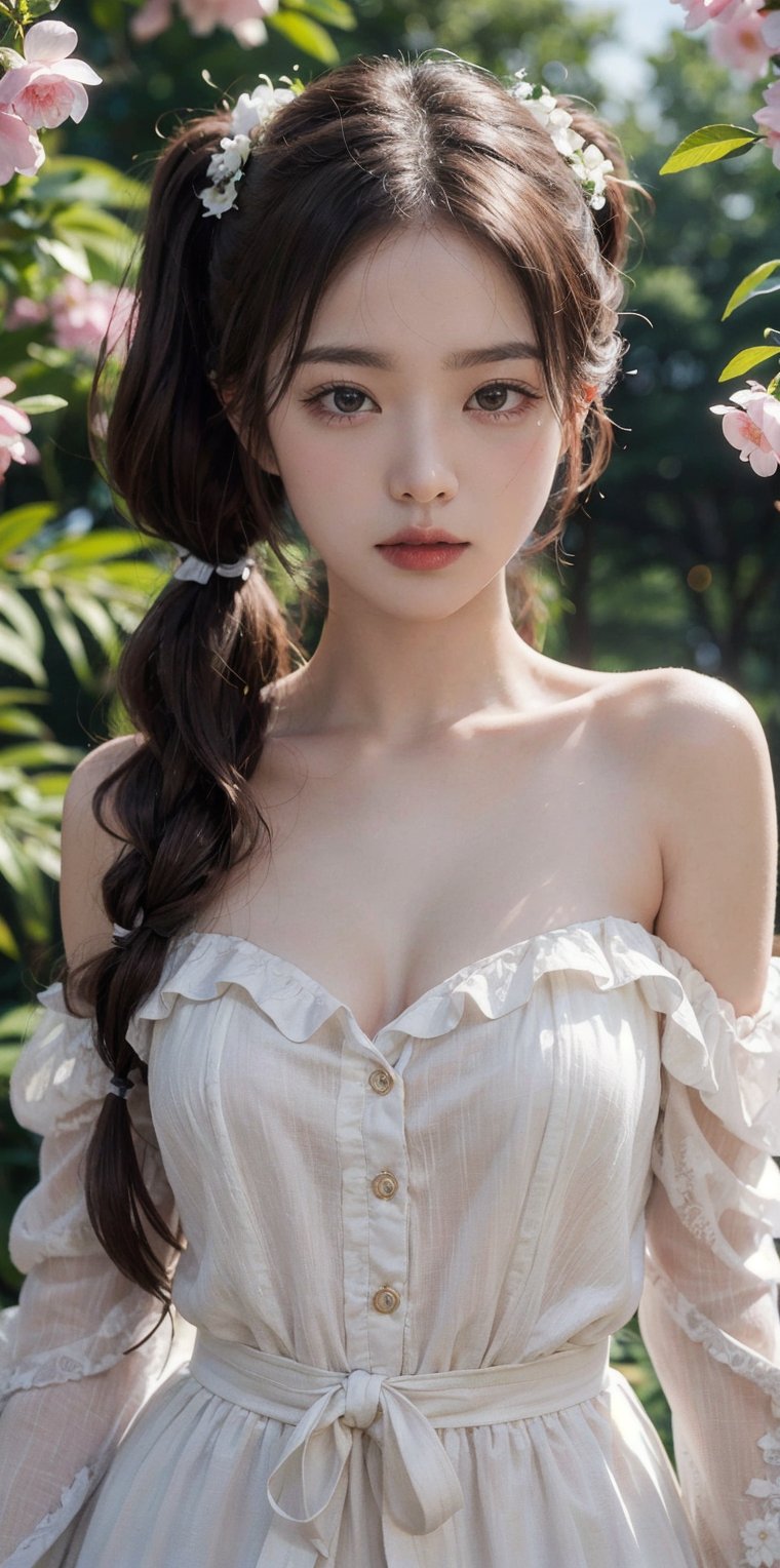 (Real))))Photos, Best Quality, 1 woman, Ultra Detailed Face, Detailed Lips, Detailed Eyes, Double Eyelids, Beautiful Face, Beautiful Eyes, (Glossy), Twintails, Thin Waist, Best Quality, Pale Skin, (Face and Eye Details:1.1) , self-righteous, blush, ((shy)), very delicate and beautiful girl, dynamic pose, cowboy shot, White Dress, Off-shoulder, Blossom flower field, glowing skin, A faint smile