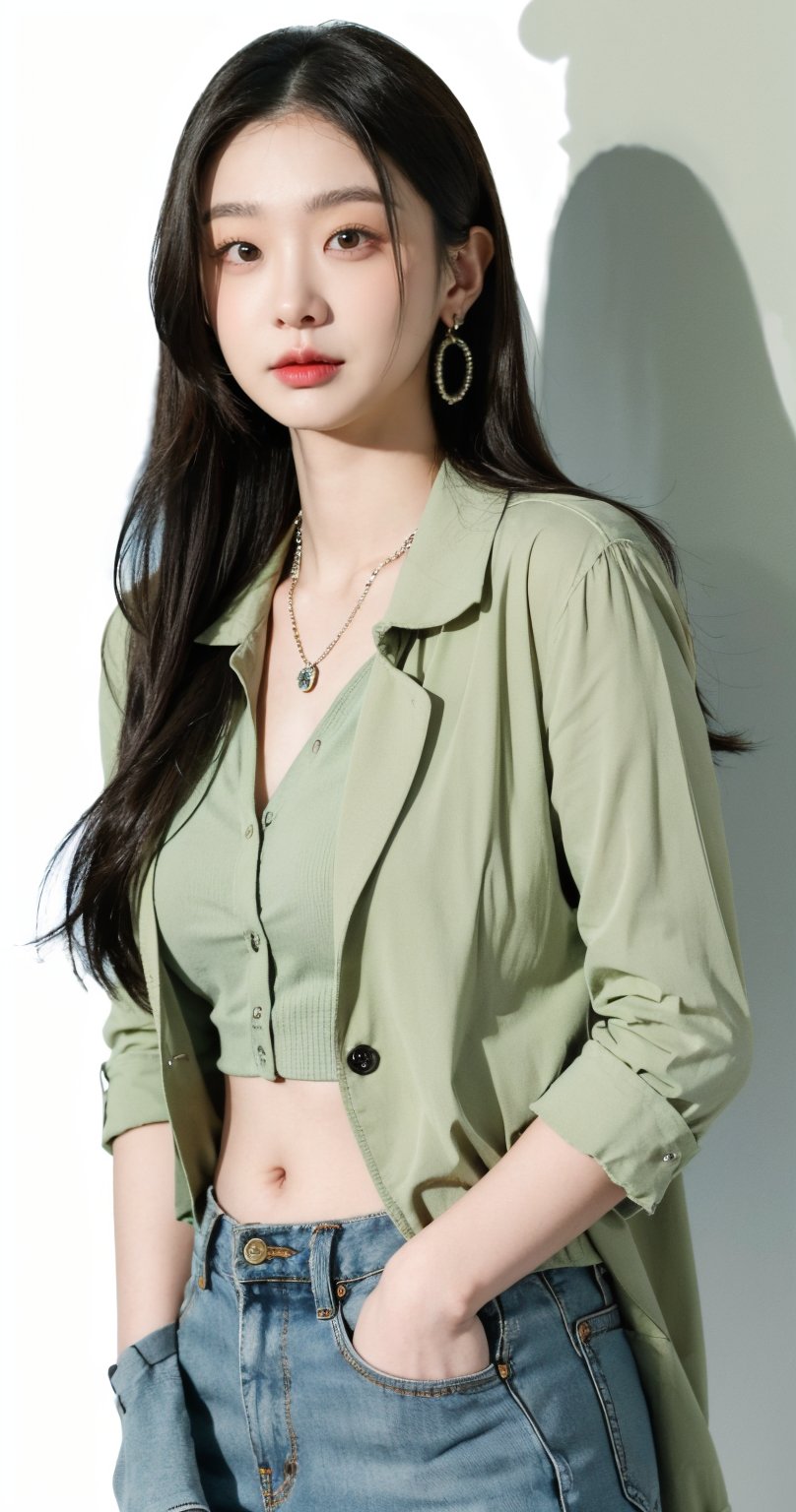 This image is an illustrated portrait of a young woman. She has long, dark brown, slightly wavy hair and a beautiful face. She is wearing an olive green button-up shirt, tied at the waist to reveal her midriff. She also wears a necklace with a pendant, large hoop earrings, and a bracelet on her left wrist. Her expression is confident, and the light shining on one side of her face creates delicate highlights and shadows. Overall, the image conveys a strong and stylish personality.upper body, cleavage ,hands in pockets ,looking at viewer 