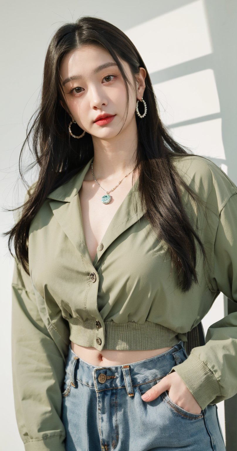 This image is an illustrated portrait of a young woman. She has long, dark brown, slightly wavy hair and a beautiful face. She is wearing an olive green button-up shirt, tied at the waist to reveal her midriff. She also wears a necklace with a pendant, large hoop earrings, and a bracelet on her left wrist. Her expression is confident, and the light shining on one side of her face creates delicate highlights and shadows. Overall, the image conveys a strong and stylish personality.upper body, cleavage ,hands in pockets ,looking at viewer ,paris street