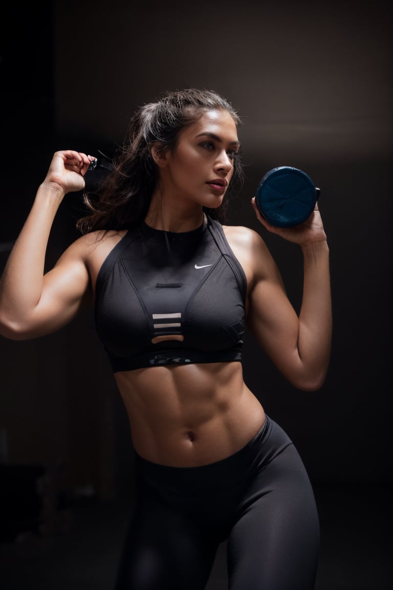 raw photo, portrait, photo of beautiful woman, athletic, dynamic pose,sports outfit, fitness model, detailed skin texture, pores, goosebumps, (posing in simple black background), lowkey lighting, film grain, shadows, rim light.realistic, photography, professional, color, graded, 8K, F2.4, 35mm. 