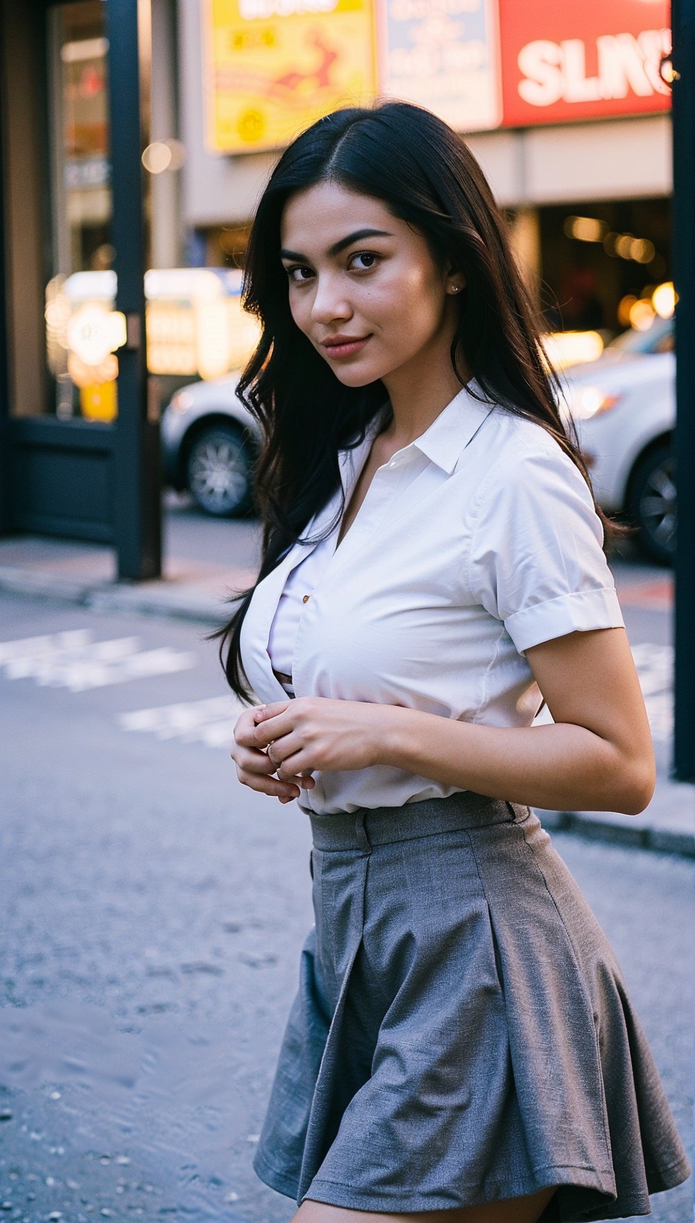 Beautiful woman with long brown hair, 18 years old, well-built, has a mole above her lip, ideally wearing a high school uniform, short-sleeved white shirt, long gray skirt past her knees, not too big chest, walking in the middle. city. buzz, sharp looks, high quality photography, street cinema