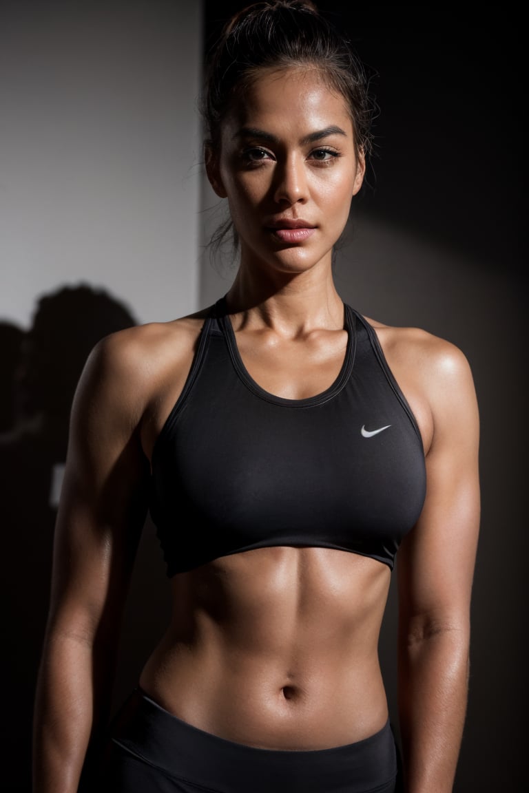 raw photo, portrait, photo of beautiful woman, athletic, dynamic pose,sports outfit, fitness model, detailed skin texture, pores, goosebumps, (posing in simple black background), lowkey lighting, film grain, shadows, rim light.realistic, photography, professional, color, graded, 8K, F2.4, 35mm. 