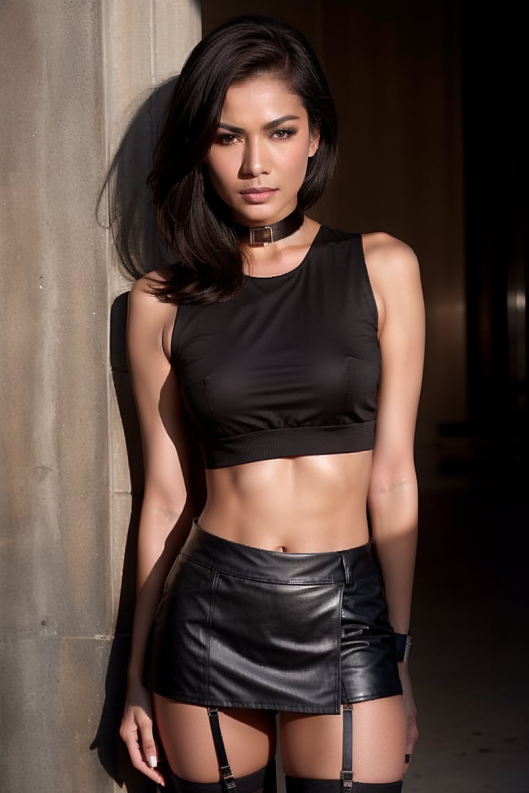 A sultry Asian supermodel with short black hair and piercing blue eyes dominates the frame, her gaze directly addressing the viewer. Her navel ring glints in dramatic lighting, casting a high-contrast silhouette against the backdrop. A torn crop top showcases her toned midriff, while a pleated miniskirt is lifted slightly, revealing a glimpse of thigh-highs, some with tears. Striking composition and confident pose exude power and sensuality, as she wears a choker, necklace, and bracelet amidst high-end fashion. Hasselblad 500C camera captures every detail on 20mm medium format film, Helmut Newton's signature style.