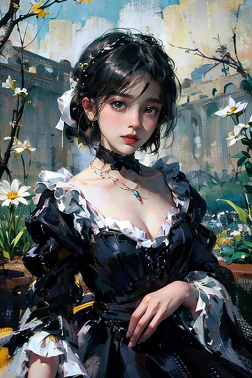 Thickoil painting, a girl with delicate features, perfect face, short hair, pearl necklace, gothic lolita dress, portrait from the waist up, garden, extreme details, soft colors, soft light, rule of thirds, perfect composition.,ttlolita