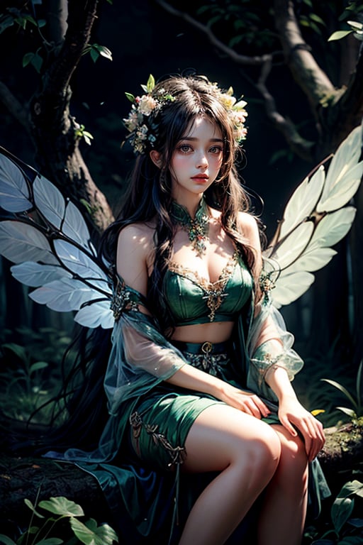 Masterpiece, detailed beautiful, close-up of dryad with transparent wings, floral skirt of leaves, sitting in a tree, looking at viewer, forest, night, highly stylized, artistry