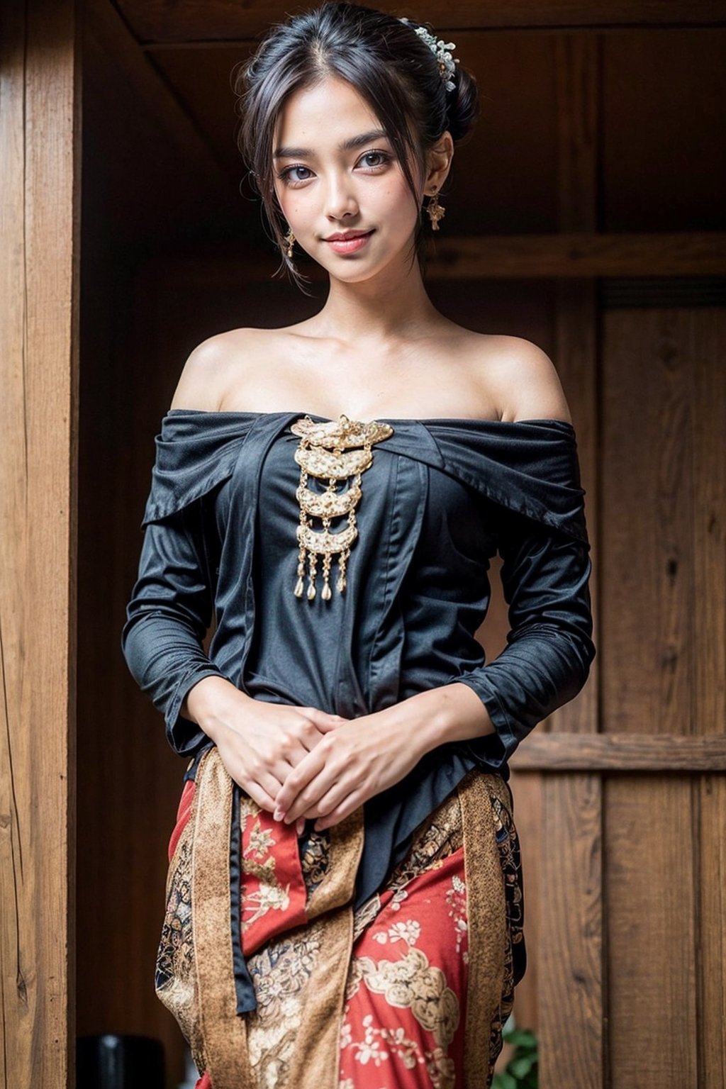 masterpiece, best quality, 16K HDR, 1 girl, solo, beautiful detailed eyes, bun, natural soft light, exquisite facial features, smile, looking at viewer, wearing off-shoulder new style Javanese clothing, elegant model pose, outdoor, Temple background,kebaya