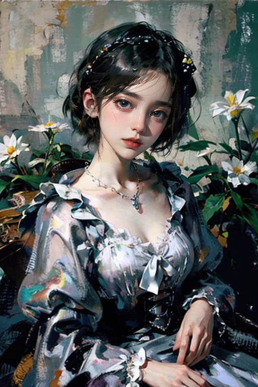 Thickoil painting, a girl with delicate features, perfect face, short hair, pearl necklace, gothic lolita dress, portrait from the waist up, garden, extreme details, soft colors, soft light, rule of thirds, perfect composition.,ttlolita