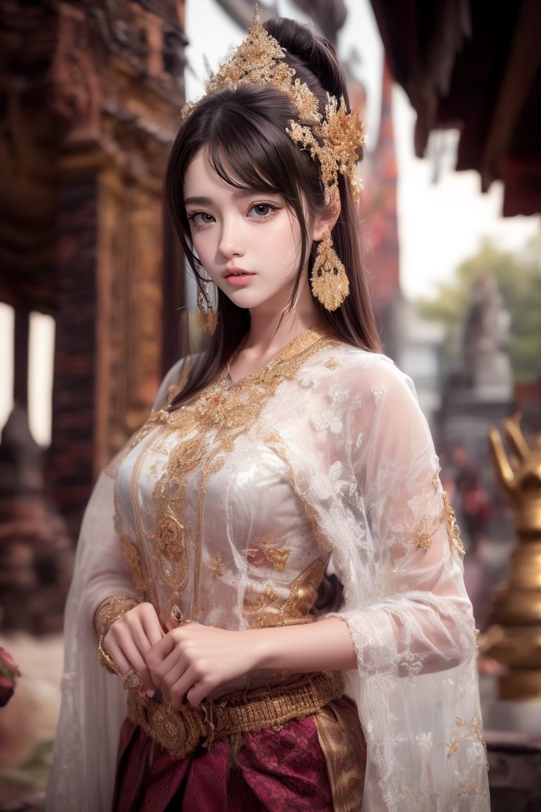 Close-up, 1girl, solo, long brown hair and eyes, perfect face shape and eyes, looking into the camera with a shy expression, masterpiece, 16k portrait, ultra-realistic details. Cinematic lighting. High-resolution, photo-realistic 8k RAW photo of a man wearing pure traditional Thai clothing, outside a Thai temple.,Thai Dress