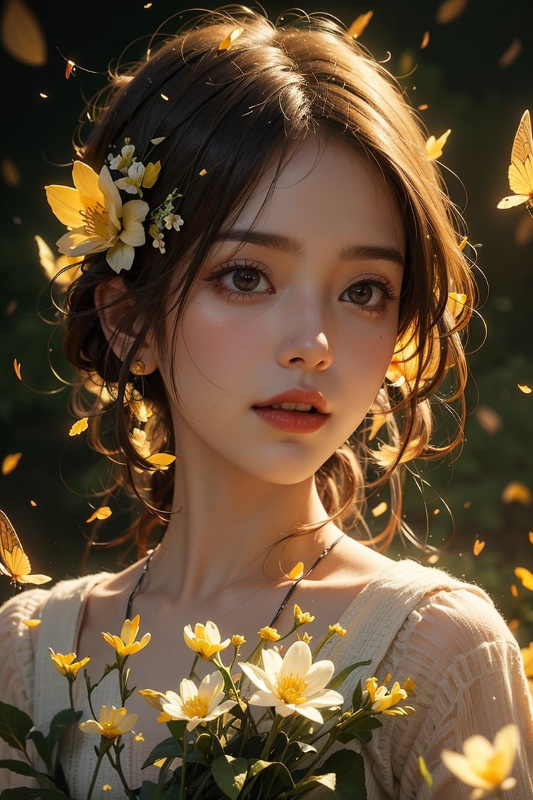 1 girl, dreamy background, flowers, subtle light, Close-up, colorful, wonderful, unique, joy, beautiful to look at, breathtaking,firefliesfireflies,fancy light