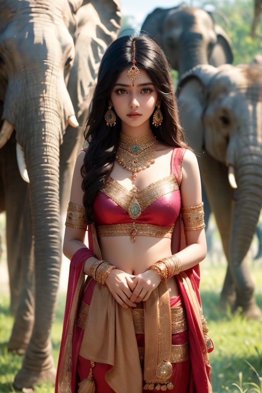 An Indian girl with delicate features, dressed in traditional Indian clothes, looks at the camera, standing on the savannah, behind her, far away, baby elephants are grazing quietly, girl sharp focus, masterpiece, high quality, high resolution Degrees, rule of thirds, bokeh, perfect composition.