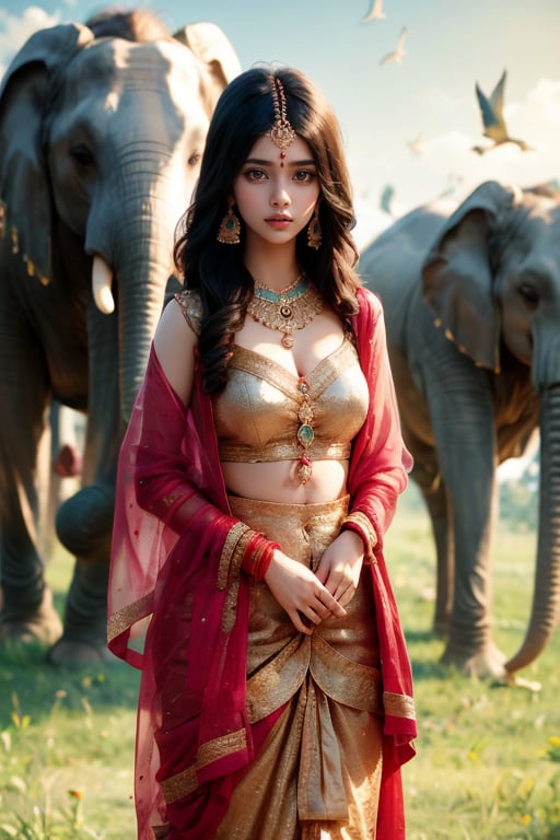 An Indian girl with delicate features, dressed in traditional Indian clothes, looks at the camera, standing on the savannah, behind her, far away, baby elephants are grazing quietly, girl sharp focus, masterpiece, high quality, high resolution Degrees, rule of thirds, bokeh, perfect composition.