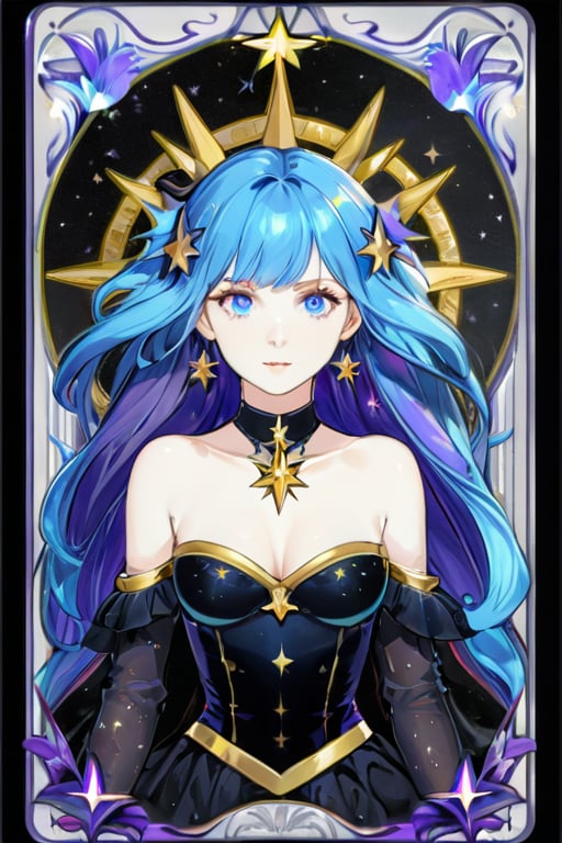 Masterpiece, high quality, detailed, beautiful, oil painting tarot illustration "Stars" with girl (purple hair, blue eyes, sexy figure). Perfect lighting, high resolution, detailed face and eyes, black background, oil painting style.,card