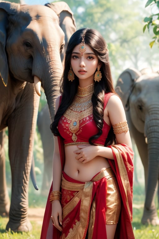 An Indian girl with delicate features, dressed in traditional Indian clothes, looks at the camera, standing on the savannah, behind her, far away, baby elephants are grazing quietly, girl sharp focus, masterpiece, high quality, high resolution Degrees, rule of thirds, bokeh, perfect composition.