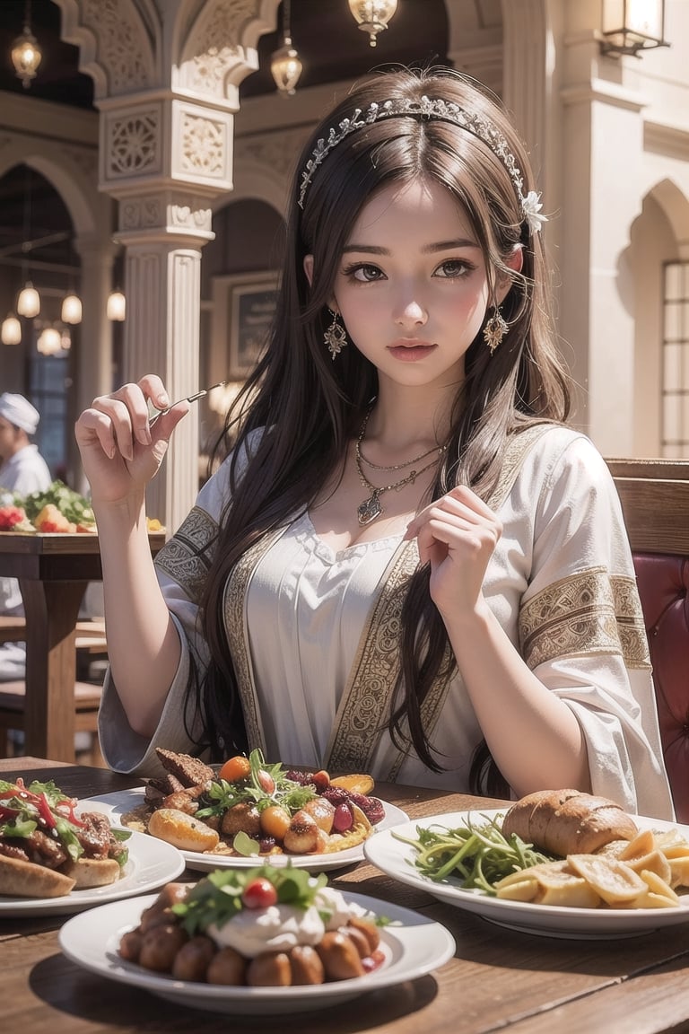 A brown-haired girl wearing a hair accessory, necklace and shawl dines in an Arabic style restaurant with a vibrant feast on the table, high resolution, detailed illustration.,ArTo