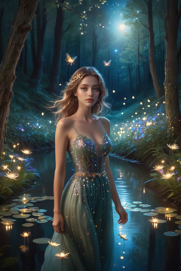 At night, beautiful woman with delicate features, facing the camera, Waist-up view, walks into a whimsical magical forest, fireflies, stars twinkling in the sky, moonlight reflecting magical flowers and trees, creek gently rippling and sparkling, ,aesthetic portrait, litter,BugCraft