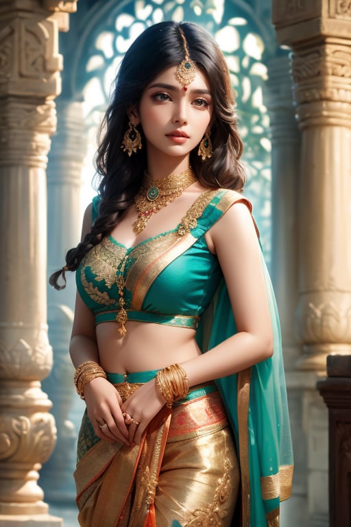 Indian model stands in front of an ancient temple with intricately carved stone pillars and arches in the background. She wore a gorgeous golden silk saree with jasmine flowers in her braids, a bindi and earrings, and golden bangles on her wrists. Her eyes are deep and the scene is solemn, showing the timeless beauty of India's ancient culture.