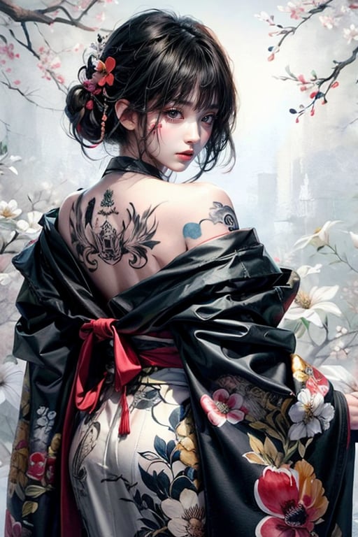 Painted tattoo, 1girl, solo, looking at viewer, short black hair, bangs, shut up, wearing off-shoulder kimono, floral pattern, ink painting background