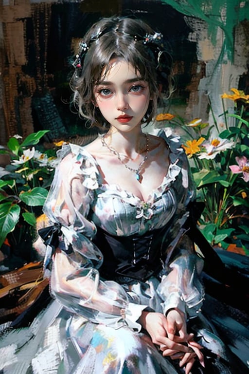 Thickoil painting, a girl with delicate features, perfect face, short hair, pearl necklace, gothic lolita dress, portrait from the waist up, garden, extreme details, soft colors, soft light, rule of thirds, perfect composition.,ttlolita