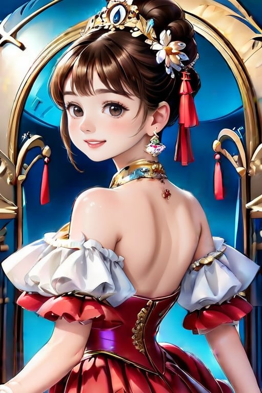 1girl, brown hair, bangs, hair accessories, gorgeous palace clothes, detailed, view from waist up, looking at the viewer, anime style, retro, masterpiece.