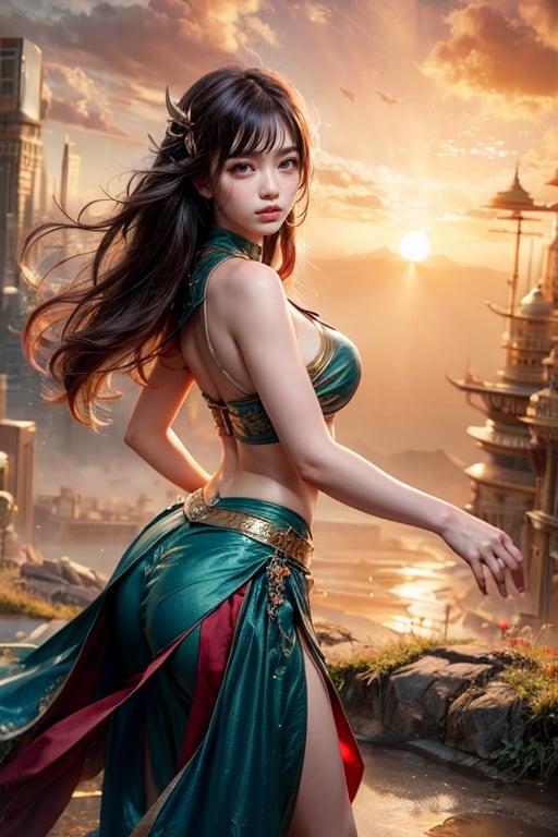 Beauty, exquisite facial features, wavy hair, sunrise sky, silk skirt, magical oriental landscape, cyberpunk, rule of thirds, perfect composition.,Fantasy detailers,Dynamic poses 