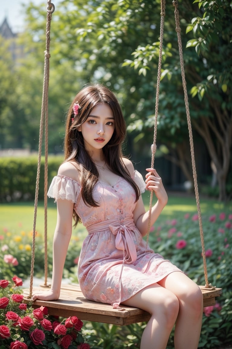 A young woman, wearing fashionable clothes, sits on a swing in the castle garden, surrounded by red roses and pink roses. The composition is perfect, and the delicate brushstrokes capture the essence of the garden background. The soft colors create a relaxing garden atmosphere. ,1 girl