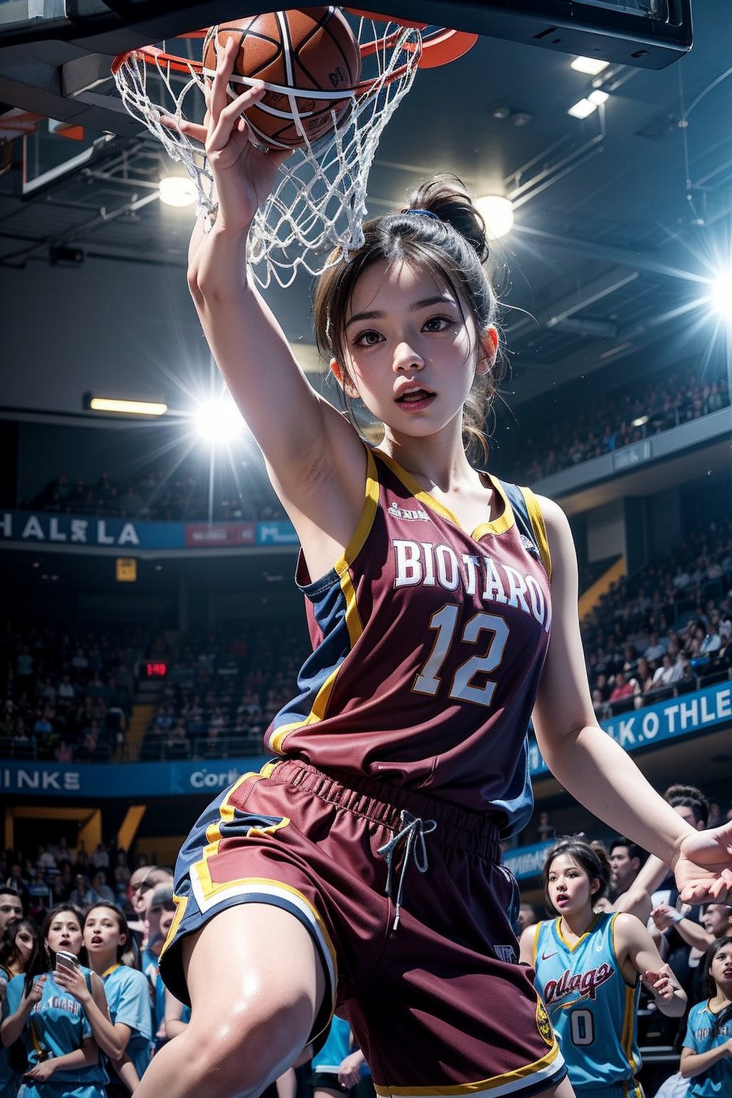 Masterpiece, high quality, HDR, detailed texture, RAW photo, 16K,  close-up of a girl, fine facial features, perfect fingers, brown ponytail, basketball team uniform, shorts, sharp focus of the girl, bright lights, blurred background, right hand slam dunk, left hand empty hand,   dynamic pose