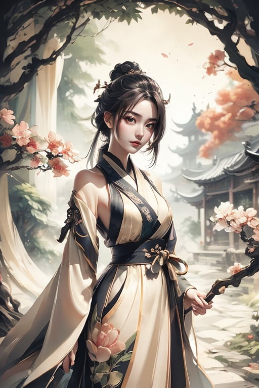 Masterpiece, HDR, UHD, Unreal Engine. Traditional art, 1 girl, wearing Hanfu, beautiful face, delicate, fair skin, looking at the camera, Chinese garden, plum tree, daytime, ethereal light, complex and delicate, gorgeous light and shadow, exquisite decoration, meticulous lines.,Colors,chinkstyle,fengjing1