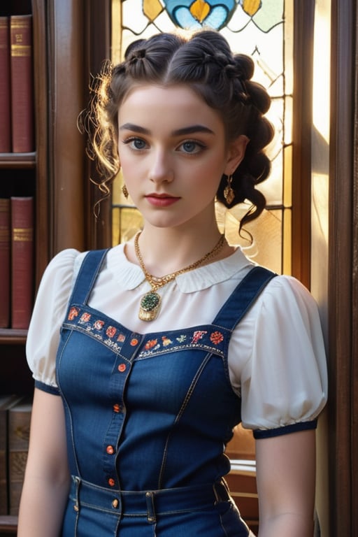 Portrait of a young Irish girl from the waist up, with long dark blue curly hair, large eyes, slim face, pointed chin, in braids and bun. Wearing a delicate embroidered silk blouse paired with a dark blue skintight denim suspender miniskirt. Wearing a large necklace and long earrings. Standing next to the bookshelves of an old library, behind a beautiful stained glass window, the golden sunlight casts a warm, ethereal glow. Masterpiece, high resolution, studio photo.,aesthetic portrait