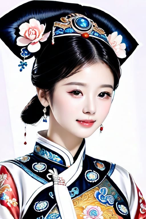 Classical beauty, 20 years old, with delicate features, thin face, big eyes, pointed chin, necklace, hair accessories, gorgeous Qing Dynasty palace costumes, looking at the camera, 3/4 view, color, pencil sketch, charcoal drawing, intricate, high resolution, High resolution, perfect proportions, perfect composition, a masterpiece.