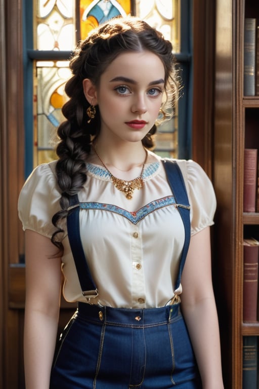 Portrait of a young Irish girl from the waist up, with long dark blue curly hair, large eyes, slim face, pointed chin, in braids and bun. Wearing a delicate embroidered silk blouse paired with a dark blue skintight denim suspender miniskirt. Wearing a large necklace and long earrings. Standing next to the bookshelves of an old library, behind a beautiful stained glass window, the golden sunlight casts a warm, ethereal glow. Masterpiece, high resolution, studio photo.,aesthetic portrait