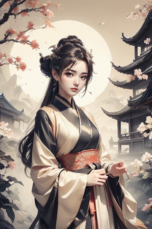 Masterpiece, HDR, UHD, Unreal Engine. Traditional art, 1 girl, wearing Hanfu, beautiful face, delicate, fair skin, looking at the camera, Chinese garden, plum tree, daytime, ethereal light, complex and delicate, gorgeous light and shadow, exquisite decoration, meticulous lines.,Colors,chinkstyle,fengjing1