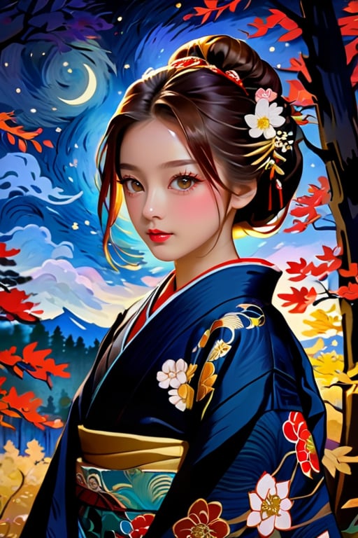 The girl wears an elegant traditional Japanese kimono decorated with intricate floral patterns in rich, deep colors. Her hair is styled in a traditional Japanese style and adorned with elaborate embellishments. Van Gogh's expressive brushstrokes create a striking contrast between detailed textile patterns and the swirling textured backgrounds of forest and night sky.