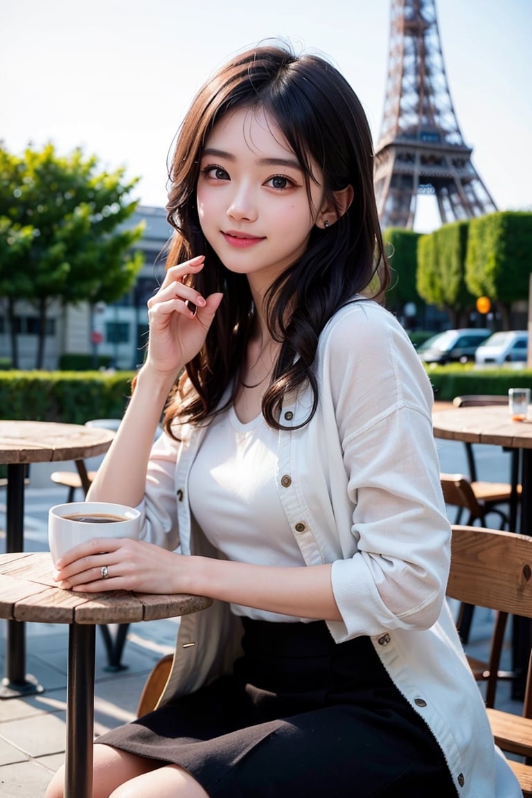 (((Eiffel Tower street, outdoor cafe))), 1 girl, 20 years old, beautiful Korean girl, happy smile drinking coffee, coffee table and chairs, coffee cup, model pose, wearing white lace top and jacket, tight short skirt, single person , delicate eyes, dark eyes, calm expression, exquisite facial features, charming figure, dark hair, hair past the waist, curly hair, very long hair, simple small earrings, fine grain, real hands, masterpiece, Best quality, 16k, realistic, super detailed, fine, high resolution, perfect dynamic composition, beautiful detailed eyes, eye smile, sharp focus, full body, cowboy shot,