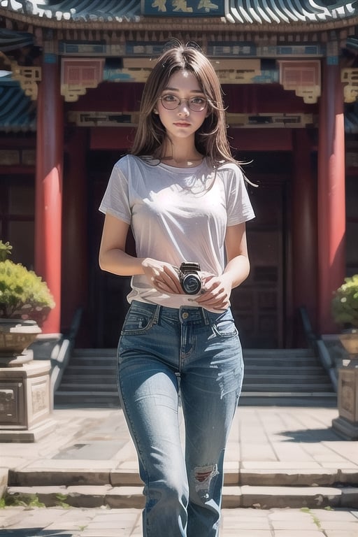 A beautiful girl with long  brown hair and brown eyes, wearing casual jeans and a white T-shirt, holding a camera, wandered around the Chinese palace, capturing the beauty and sacredness of ancient buildings.