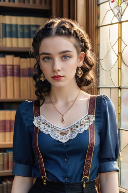 Portrait of a young Irish girl from the waist up, with long dark blue curly hair, large eyes, slim face, pointed chin, in braids and bun. Wearing a delicate embroidered silk blouse paired with a dark blue skintight denim suspender miniskirt. Wearing a large necklace and long earrings. Standing next to the bookshelves of an old library, behind a beautiful stained glass window, the golden sunlight casts a warm, ethereal glow. Masterpiece, high resolution, studio photo.,aesthetic portrait