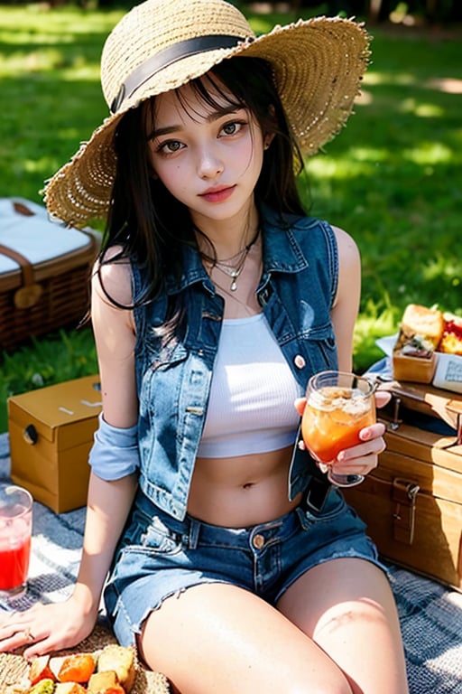Masterpiece, hdr, high resolution, best quality, a girl wearing a straw hat, vest, midriff, denim shorts, facing the camera, cross-legged sitting, having a picnic on the grass in the park. Picnic mat, lunch box, drinks, sandwiches.