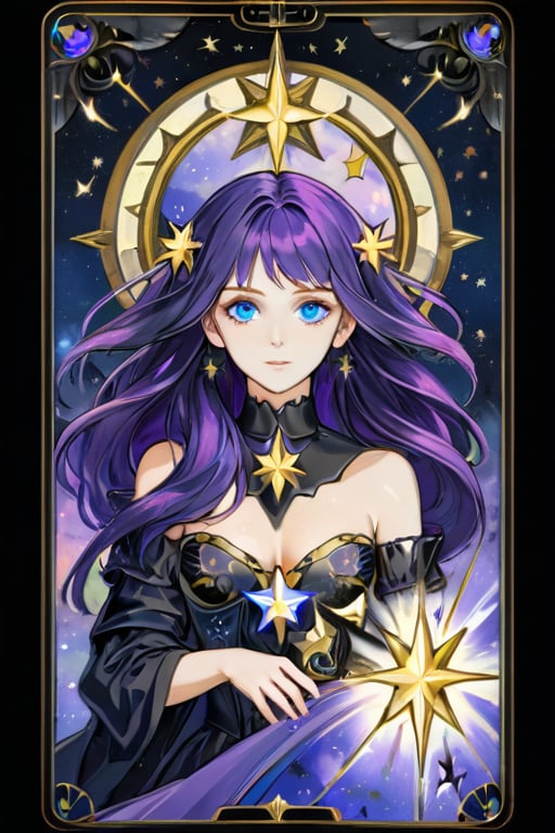 Masterpiece, high quality, detailed, beautiful, oil painting tarot illustration "Stars" with girl (purple hair, blue eyes, sexy figure). Perfect lighting, high resolution, detailed face and eyes, black background, oil painting style.,card