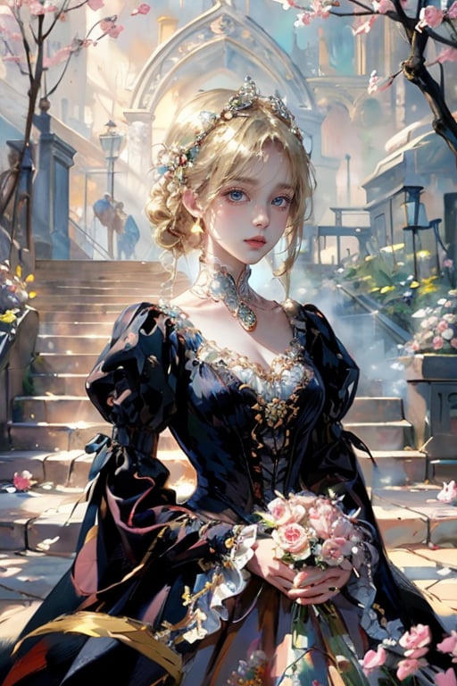 Oil painting, classic painting, masterpiece, top quality, best quality, official art, beauty and aesthetics, Victorian girl, blond hair, dress, promenade, peony garden, outdoors, colorful, extremely detailed, intricate.