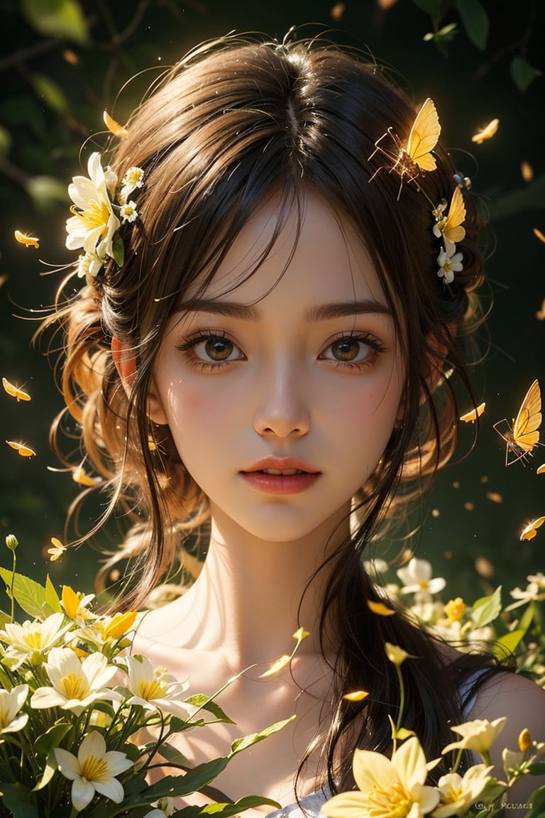 1 girl, dreamy background, flowers, subtle light, Close-up, colorful, wonderful, unique, joy, beautiful to look at, breathtaking,firefliesfireflies,fancy light