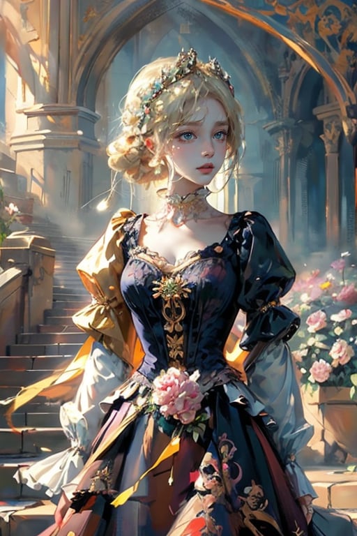 Oil painting, classic painting, masterpiece, top quality, best quality, official art, beauty and aesthetics, Victorian girl, blond hair, dress, promenade, peony garden, outdoors, colorful, extremely detailed, intricate.