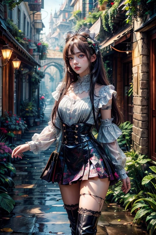 masterpiece, high image quality, high resolution, ultra-realistic, a girl with exquisite facial features, wearing a short skirt, walked into a small town that was like a fairyland on earth.,Add more details